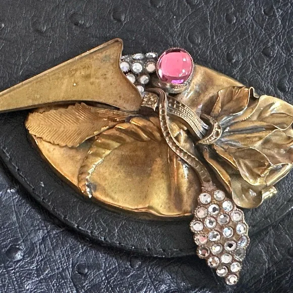 Black Leather Medium Clutch , Ostrich stamped with Artist Brass Buckle - Picture 4 of 4